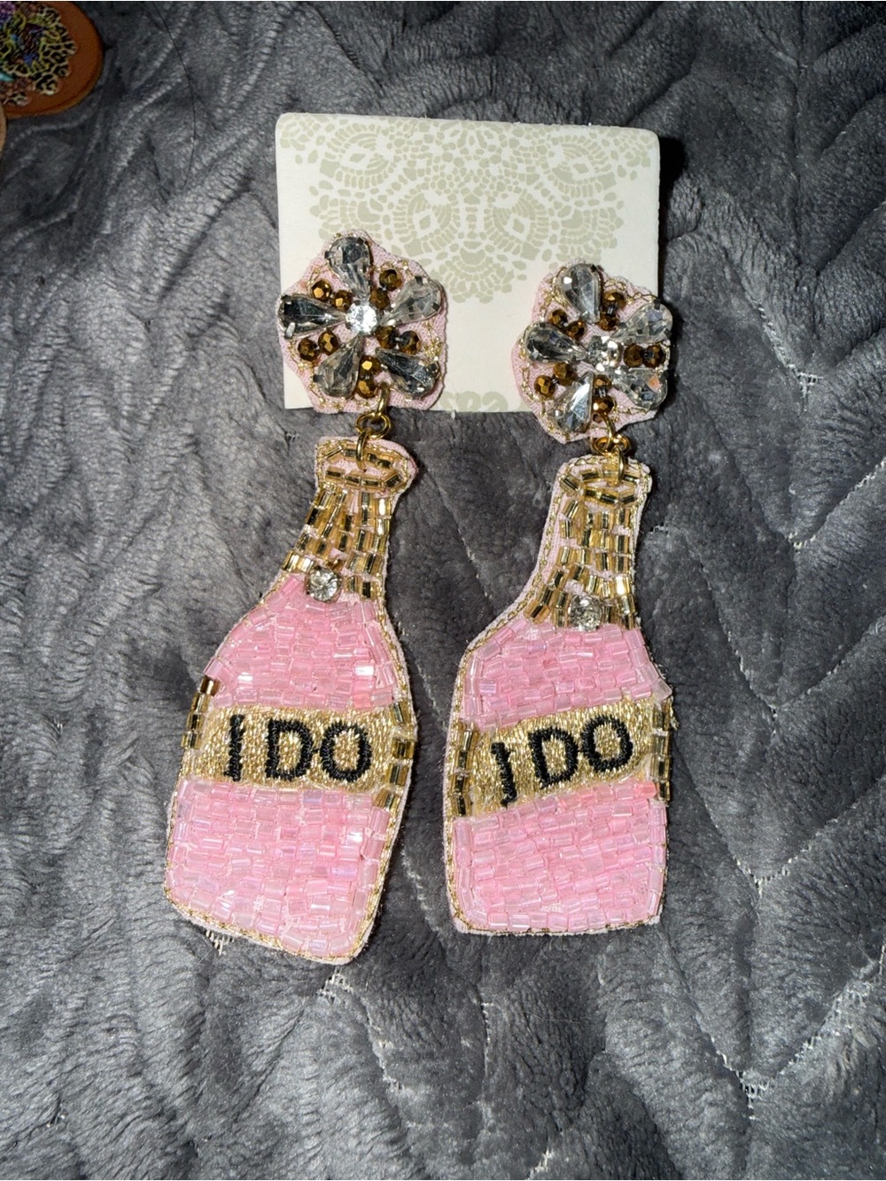 Pink 'I DO' Beaded Champagne Bottle Drop Earrings - Women Accessories